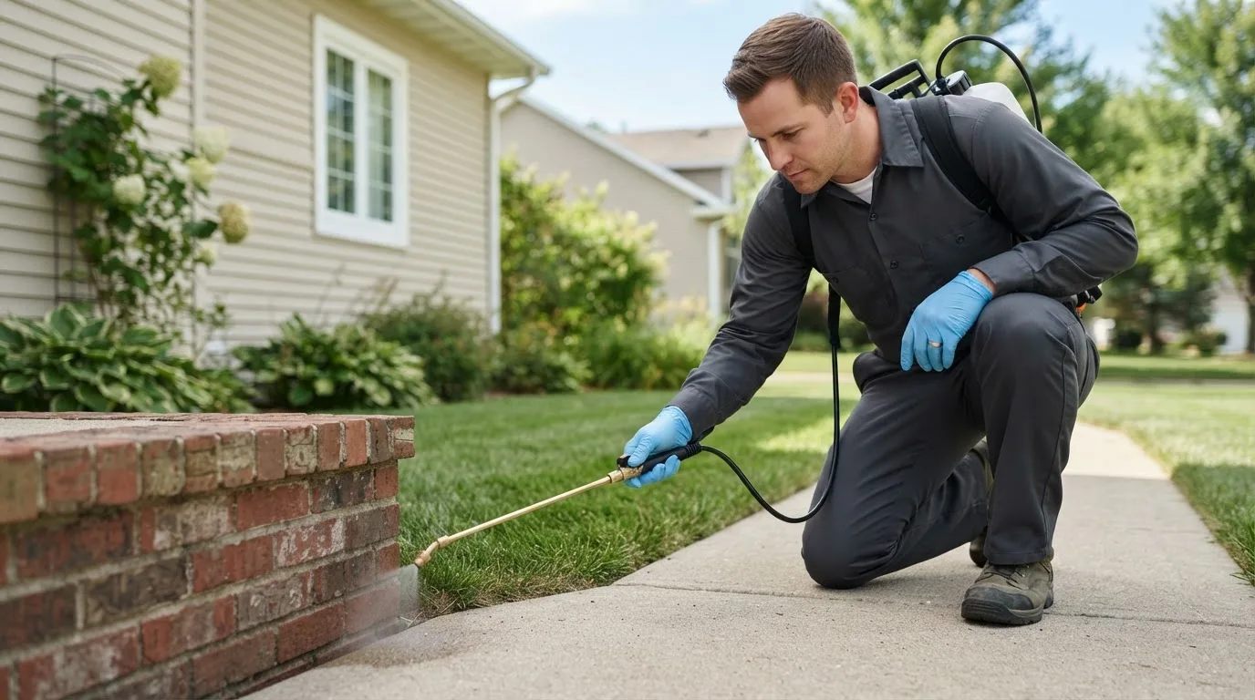 Pest control technician treating a home near College Station, TX