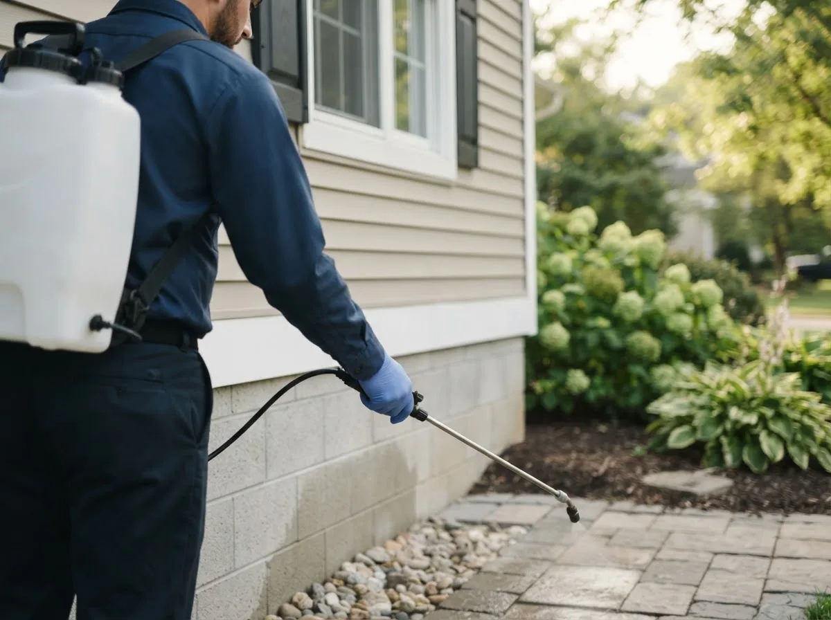 Pest control technician inspecting a home in College Station, TX
